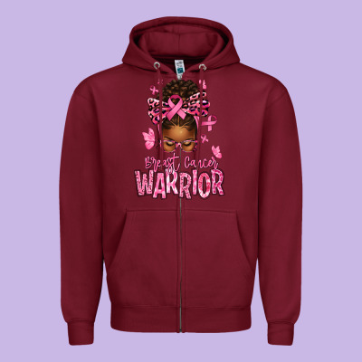 Brest Cancer Warrior Afro Messy Bun Zipper Hoodie Designed By Texasbilliewilder