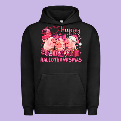 Happy Hallothanksmas Pigs Pink Urban Hoodie Designed By Nancycooperartshop