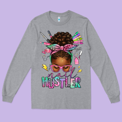 Long Sleeve Tee nail hustler afro messy bun