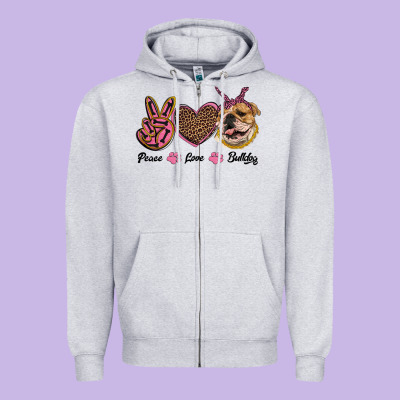 Peace Love Bulldog Zipper Hoodie Designed By Ranaportraitstore