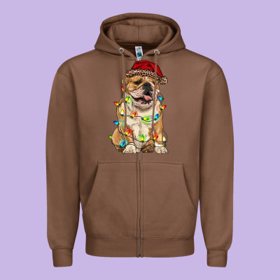 Christmas Bulldog Zipper Hoodie Designed By Ranaportraitstore