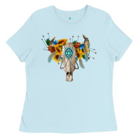 Baby Blue boho bull skull Ladies Tee - BarkalooDesign