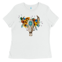 White boho bull skull Ladies Tee - BarkalooDesign