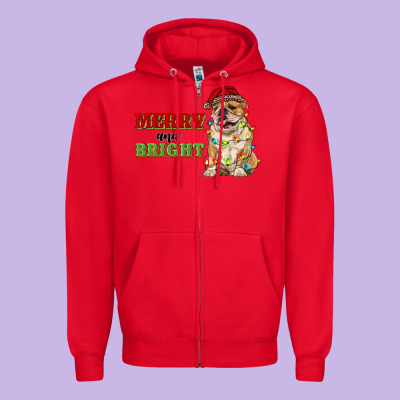 Merry And Bright English Bulldog Zipper Hoodie Designed By Ranaportraitstore