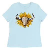 Baby Blue cowhide bull skull and sunflower Ladies Tee - BarkalooDesign