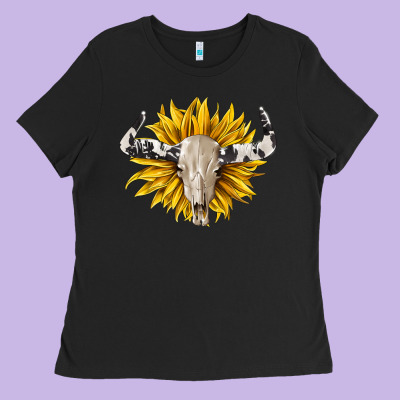 Cowhide Bull Skull And Sunflower Ladies Tee Designed By Barkaloodesign