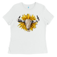 White cowhide bull skull and sunflower Ladies Tee - BarkalooDesign