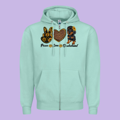 Peace Love Dachshund Zipper Hoodie Designed By Ranaportraitstore