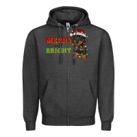Charcoal Heather merry and bright dachshund Zipper Hoodie - RanaPortraitStore