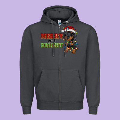 Merry And Bright Dachshund Zipper Hoodie Designed By Ranaportraitstore