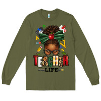 Army Green teacher life afro messy bun Long Sleeve Tee - texasbilliewilder