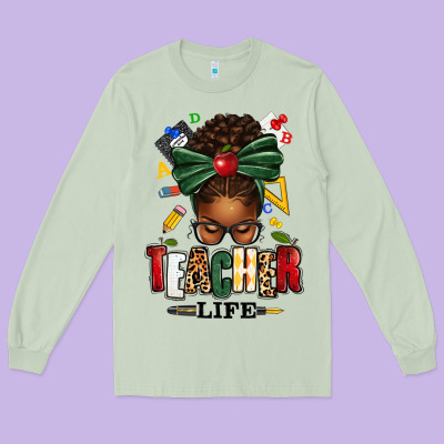 Long Sleeve Tee teacher life afro messy bun