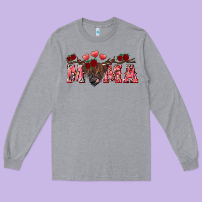 Long Sleeve Tee Valentine's day mama black highland cow