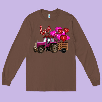 Long Sleeve Tee Valentine's day pink tractor with pin heart balloons