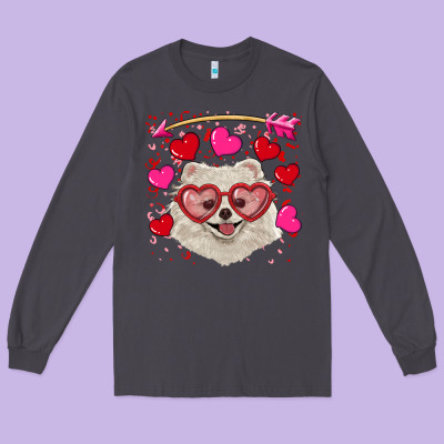 Long Sleeve Tee Valentine's day white pomeranian