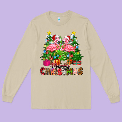 Long Sleeve Tee merry christmas flamingo