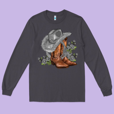 Gray Cowgirl And Roses Long Sleeve Tee Designed By Adodesignshop