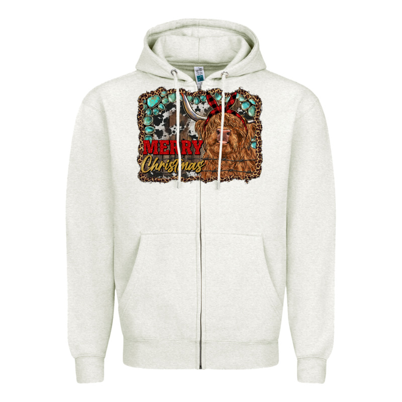Merry Christmas Highland Cow Zipper Hoodie by RanaPortraitStore | Teevron