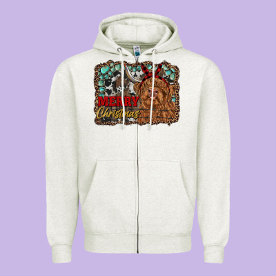 Merry Christmas Highland Cow Zipper Hoodie Designed By Ranaportraitstore
