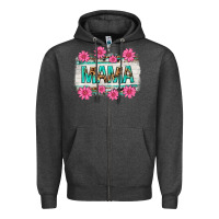 Charcoal Heather mama leopard with turquoise background Zipper Hoodie - texasbilliewilder