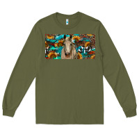 Army Green Horse With Sunflowers Aztec And Cowhide Long Sleeve Tee - RanaPortraitStore