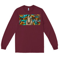 Burgundy Horse With Sunflowers Aztec And Cowhide Long Sleeve Tee - RanaPortraitStore