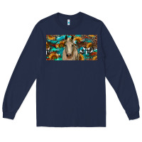 Navy Horse With Sunflowers Aztec And Cowhide Long Sleeve Tee - RanaPortraitStore