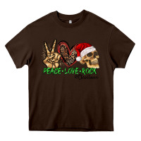Chocolate Brown Peace Love Rock Christmas Heavy Core Tee - CowhideDigitalArt