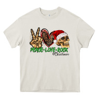 Cream Peace Love Rock Christmas Heavy Core Tee - CowhideDigitalArt