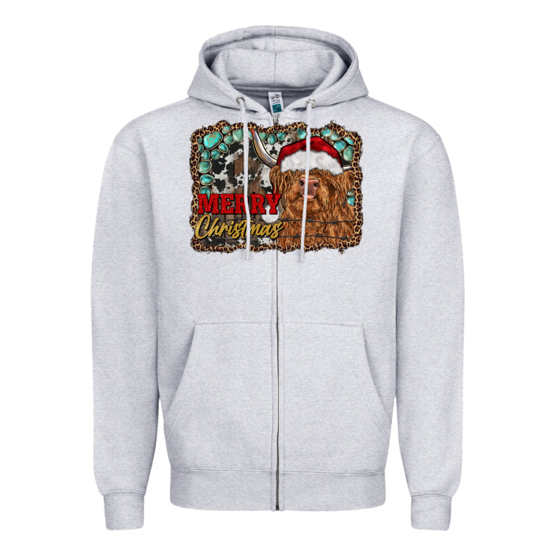 Merry Christmas Highland Cow Zipper Hoodie by RanaPortraitStore | Teevron