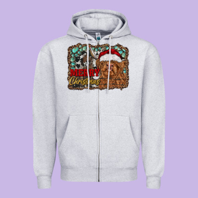 Merry Christmas Highland Cow Zipper Hoodie Designed By Ranaportraitstore