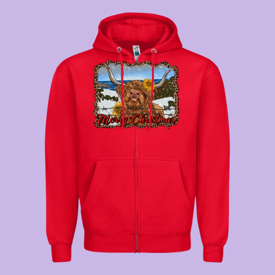 Merry Christmas Highland Cow With Farm Zipper Hoodie Designed By Ranaportraitstore