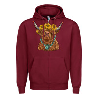 Burgundy highland cow with sunflower and gemstone Zipper Hoodie - RanaPortraitStore