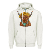 Oatmeal Heather highland cow with sunflower and gemstone Zipper Hoodie - RanaPortraitStore