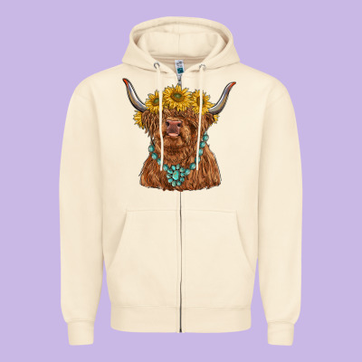 Highland Cow With Sunflower And Gemstone Zipper Hoodie Designed By Ranaportraitstore