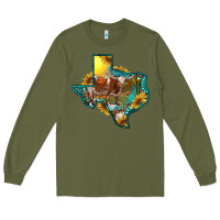 Army Green Western Texas Map With Longhorn Bull Long Sleeve Tee - RanaPortraitStore