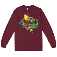 Burgundy Western Texas Map With Longhorn Bull Long Sleeve Tee - RanaPortraitStore