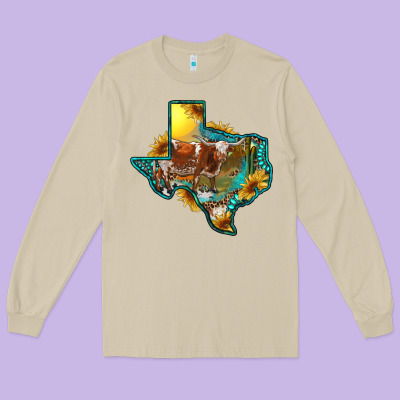 Long Sleeve Tee Western Texas Map With Longhorn Bull