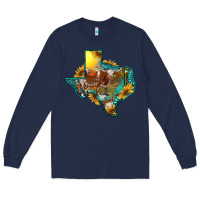 Navy Western Texas Map With Longhorn Bull Long Sleeve Tee - RanaPortraitStore