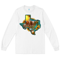 White Western Texas Map With Longhorn Bull Long Sleeve Tee - RanaPortraitStore