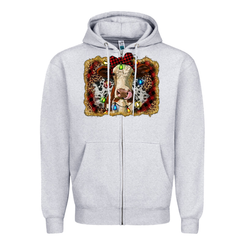 Heifer Cow Christmas Western Background Zipper Hoodie by RanaPortraitStore | Teevron