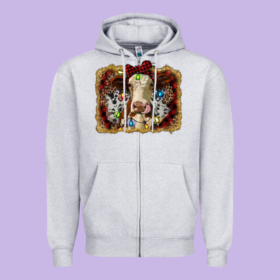 Heifer Cow Christmas Western Background Zipper Hoodie Designed By Ranaportraitstore