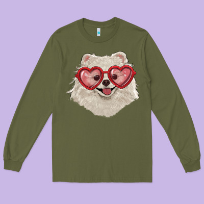 Long Sleeve Tee white pomeranian with love glasses