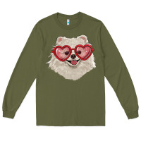 Army Green white pomeranian with love glasses Long Sleeve Tee - RanaPortraitStore