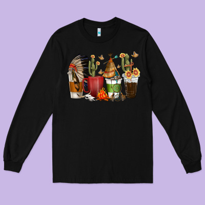 Long Sleeve Tee coffee cups indian headdress