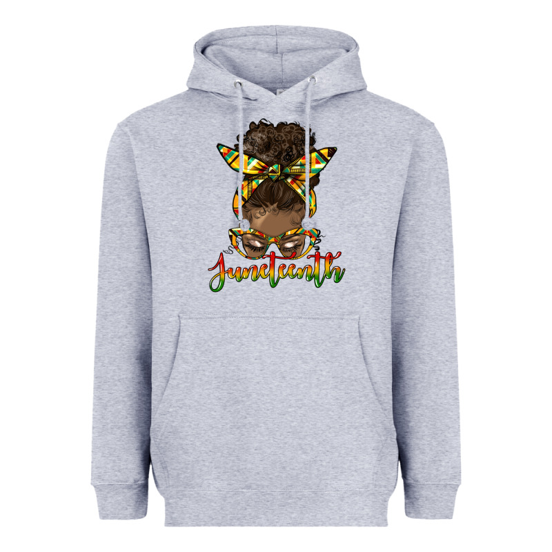 Juneteenth Black Woman Messy Bun Heavyweight Hoodie by HRA Design Shop | Teevron