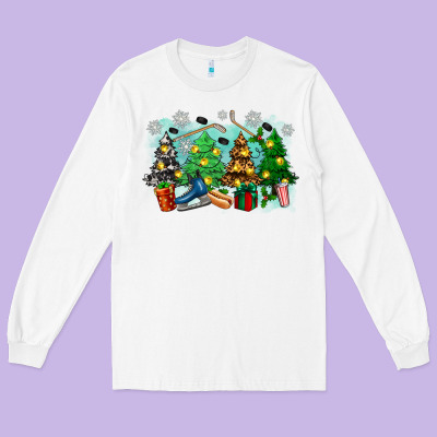 Long Sleeve Tee christmas trees with hockey