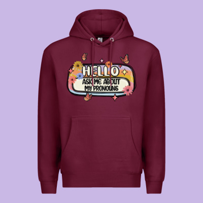 Ask Me About My Pronouns Premium Hoodie Designed By Maliassmallbusiness
