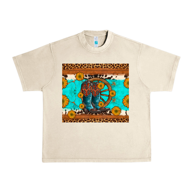 Cowboy Boots And Sunflowers Turquoise Leopard Background Urban Heavy Tee by Artiststas | Teevron