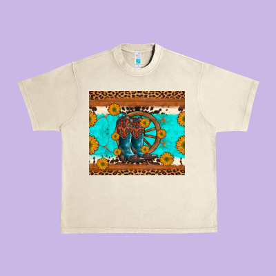 Cowboy Boots And Sunflowers Turquoise Leopard Background Urban Heavy Tee Designed By Artiststas